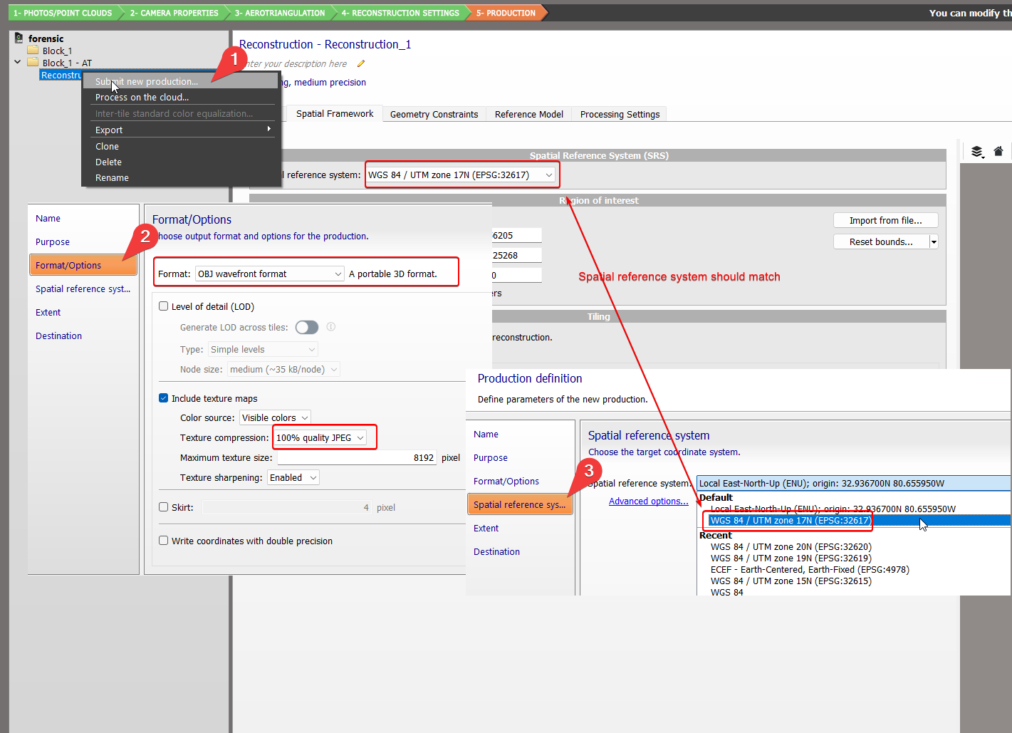ContextCapture reconstruction settings, spatial reference system