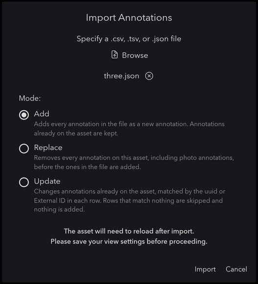 The Import Annotations dialog with a file chosen and the Add, Replace and Update modes