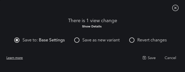 The Save | Revert dialog, showing the Save to variant, Save as new variant, and Revert changes options