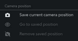 The Camera position menu open on a View Variant row, offering Save current camera position