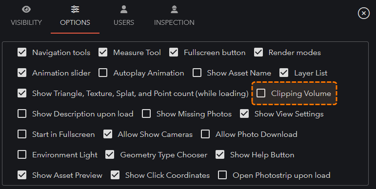 Share Options with Clipping Volume highlighted.