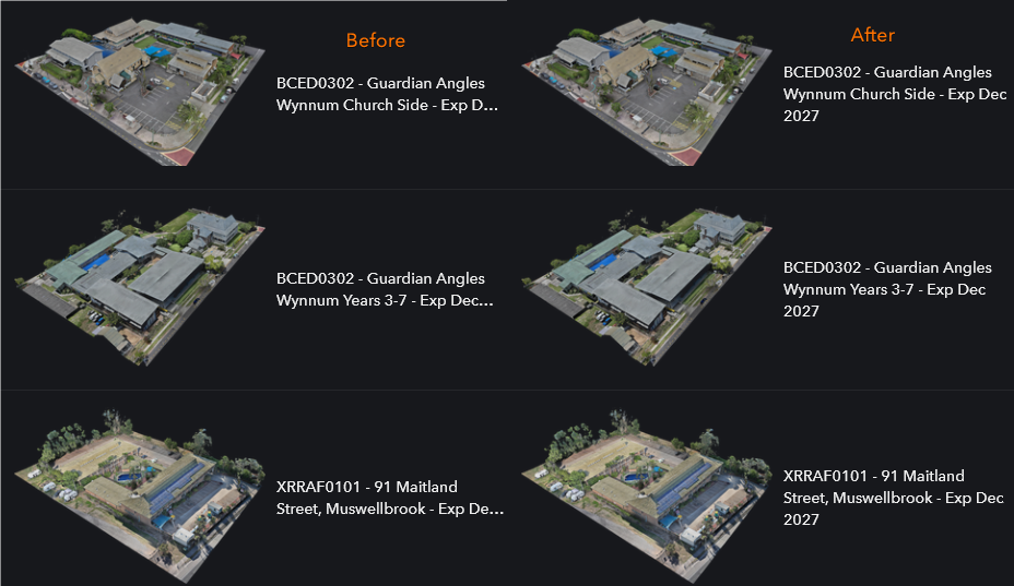 Before-and-after asset cards showing three-line names.