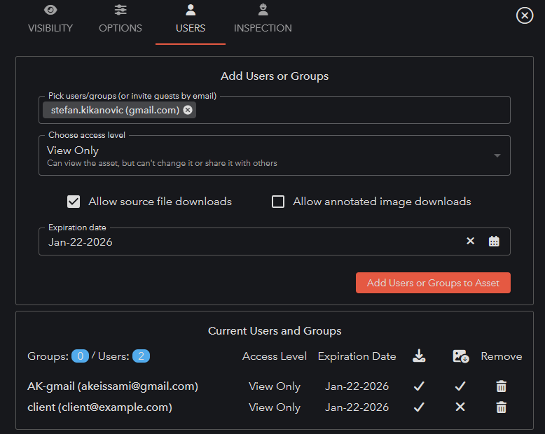 Sharing Users tab with recipient download permissions.
