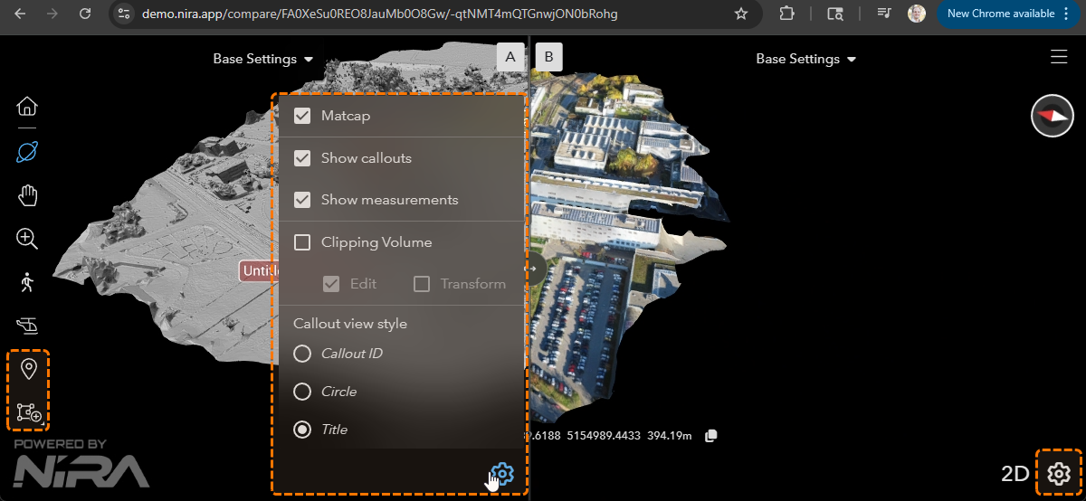 Compare view with MatCap, clipping, callout styles, and annotation tools.