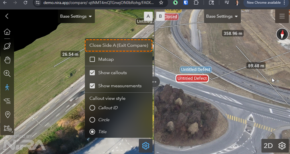 Compare settings menu highlighting Close Side A.