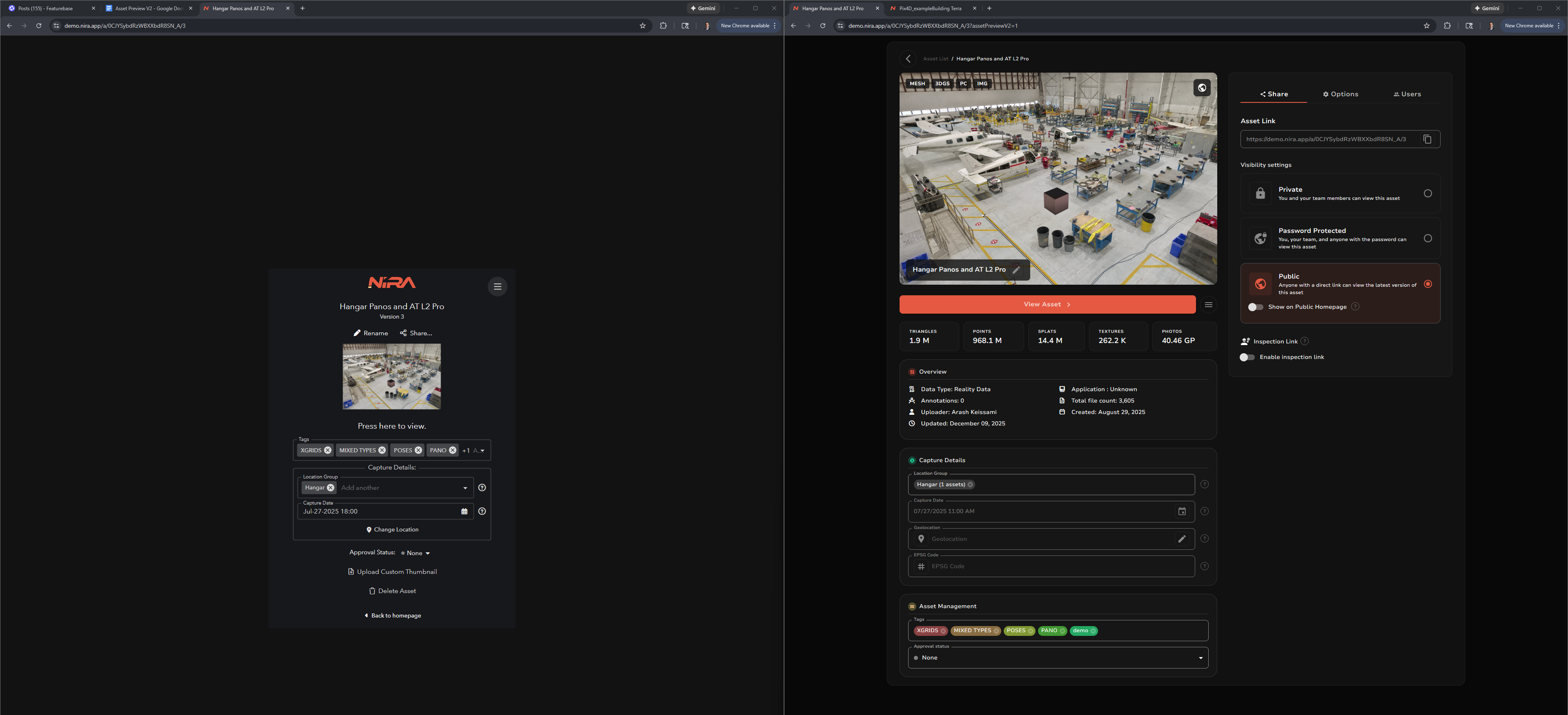 Old and redesigned Asset Preview pages side by side with sharing settings.