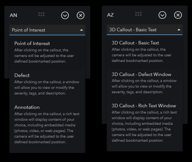 Previous and updated 3D callout type menus side by side.