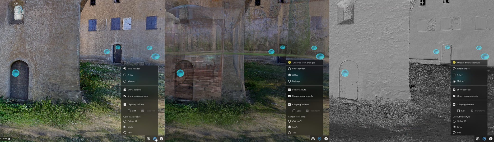 A model shown with different rendering modes and the View Settings menu.