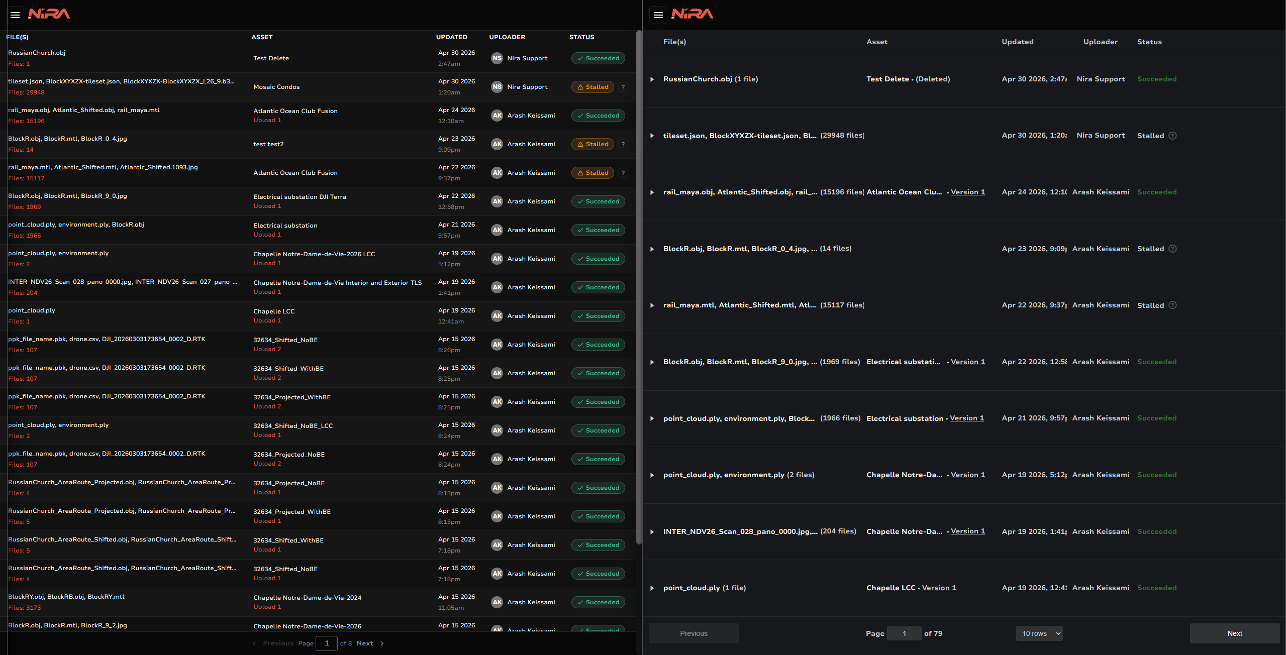 Updated and previous Upload Jobs tables side by side.