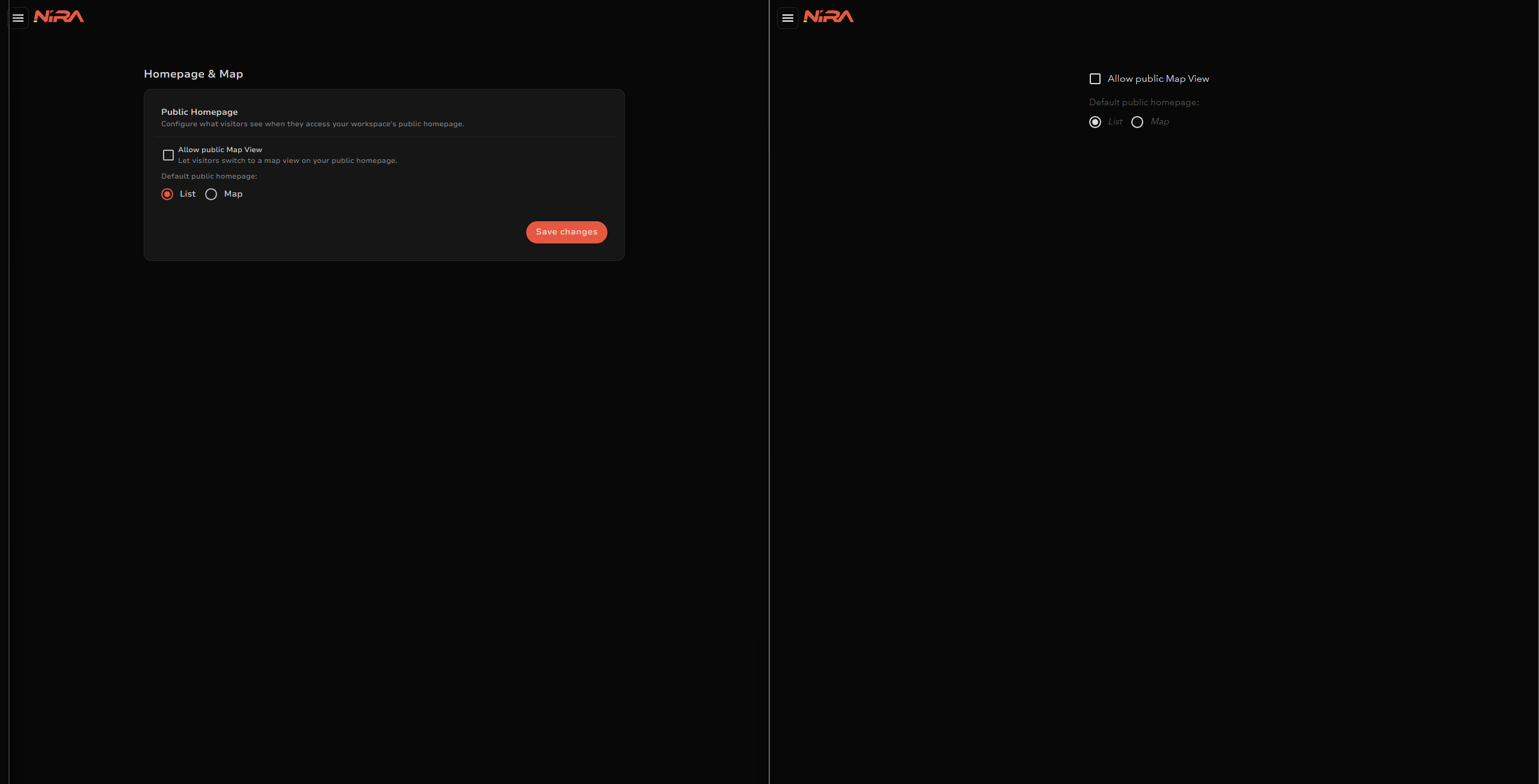 Updated and previous Homepage & Map settings side by side.