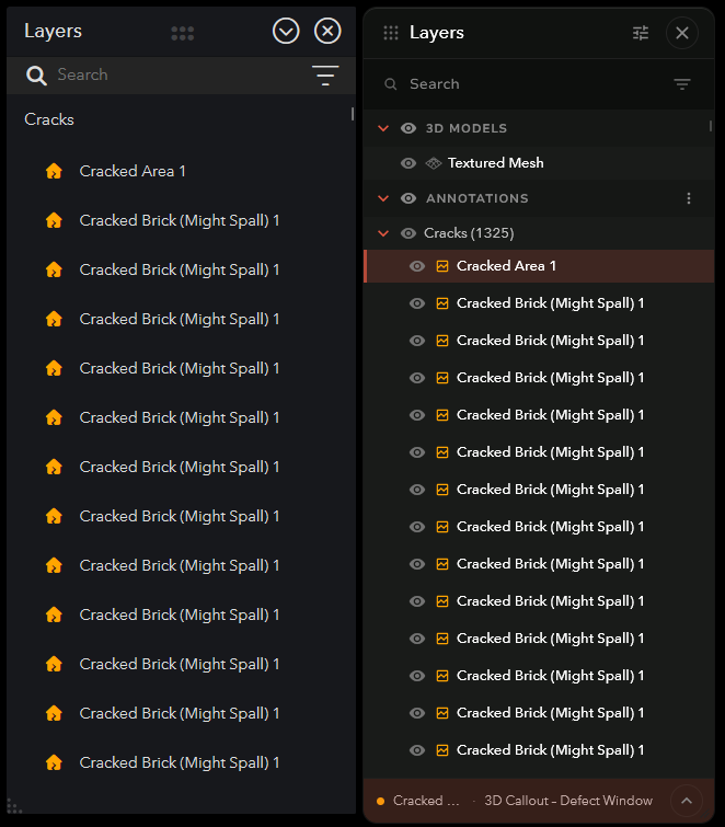 Previous and redesigned Layers panels with annotation lists.
