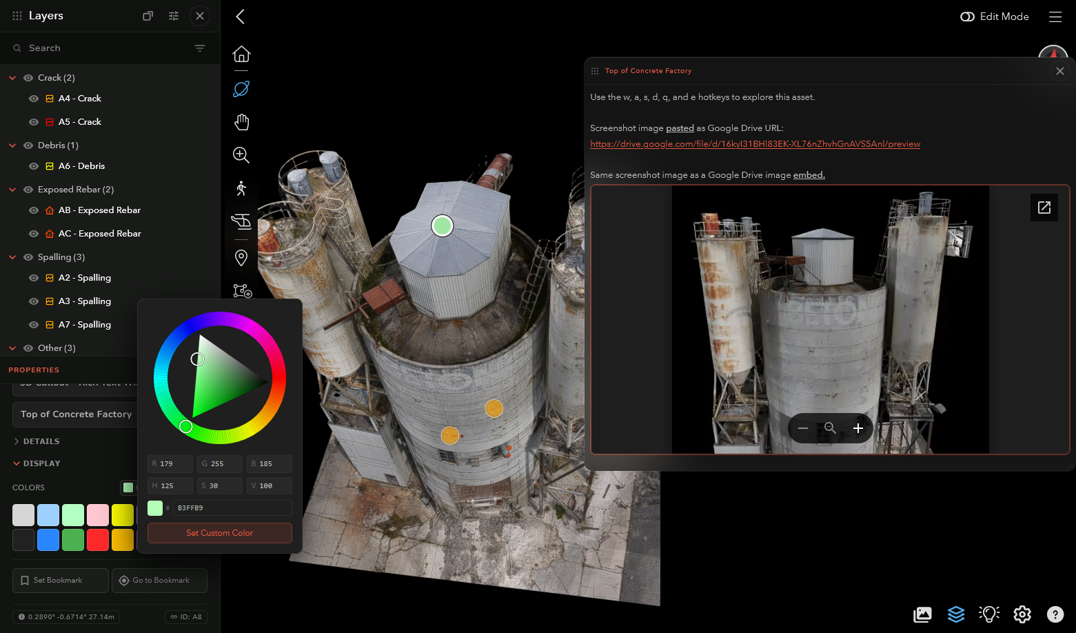 Layers properties with a color palette and custom color picker.
