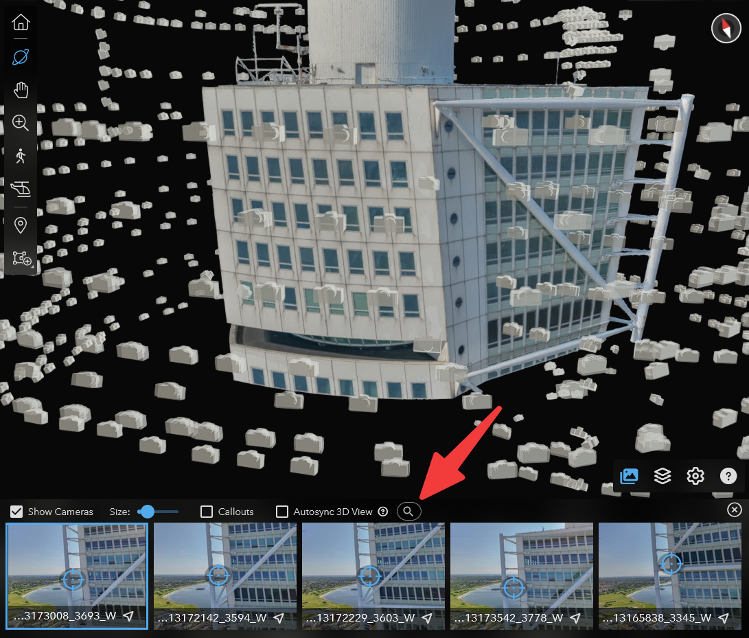 Thumbnail strip with its Filter button highlighted by an arrow.