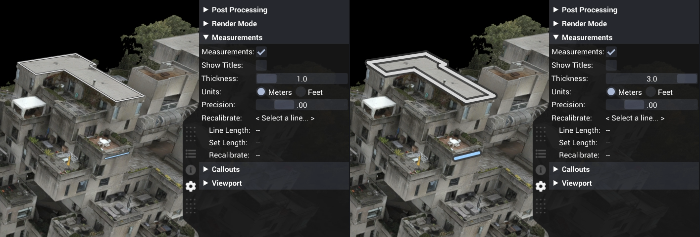 Side-by-side model views comparing line thickness settings of 1 and 3.