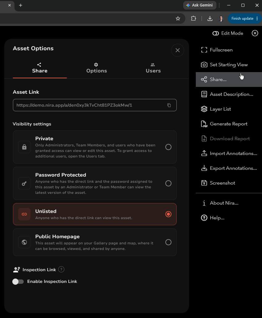 Viewer Share menu beside the redesigned Asset Options sharing dialog.