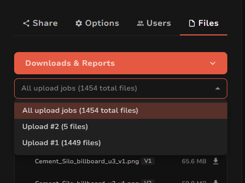 Upload job menu listing all uploads and two individual jobs.