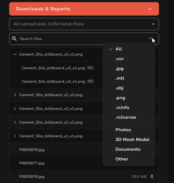 File filter menu with extensions and file categories.