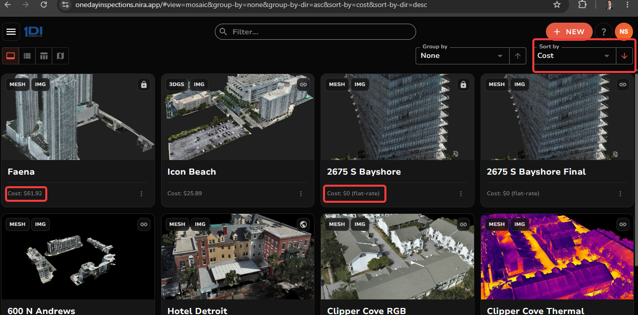 Asset grid sorted by cost with cost labels highlighted.