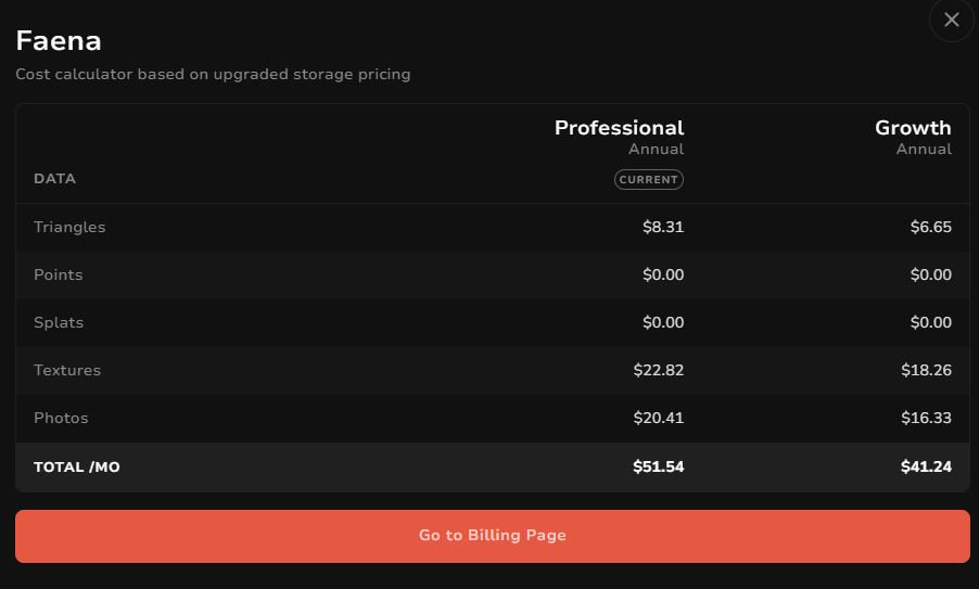 Cost calculator showing data categories and two annual plan columns.