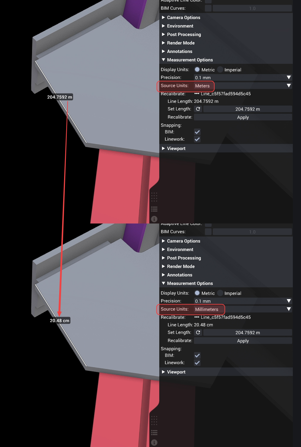 Source Units changed from meters to millimeters with the measurement updated.