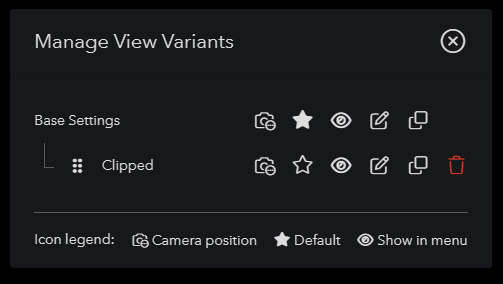 Manage View Variants with camera-position icons and an icon legend.