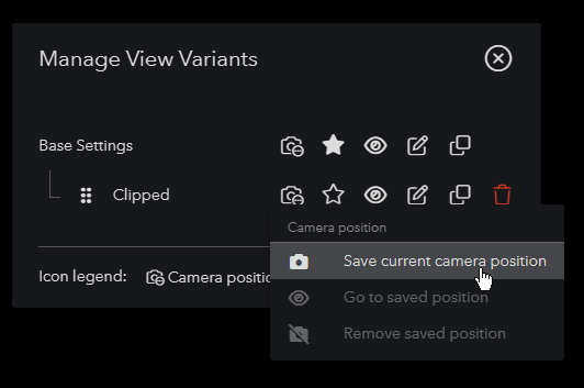 Camera-position menu with save, go to saved position, and remove actions.