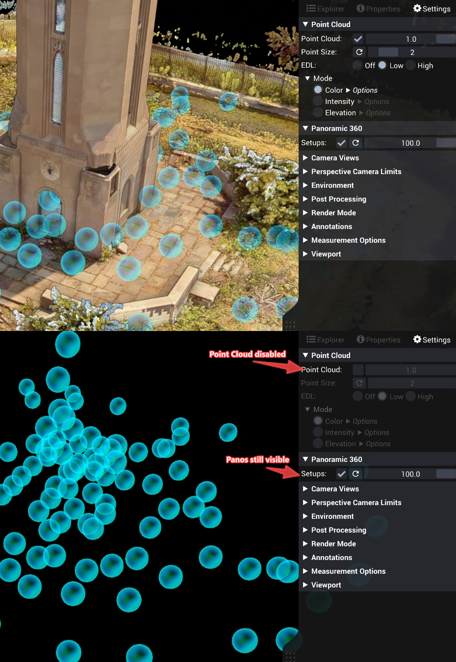 Before-and-after comparison with point cloud disabled and panorama positions still visible.