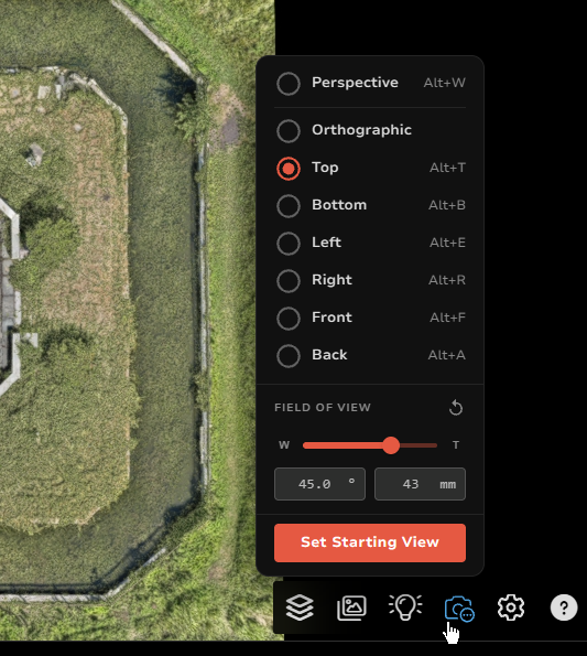 Camera View Settings menu showing top view and field-of-view controls.
