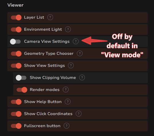 Share options showing Camera View Settings turned off.