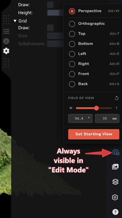 Camera View Settings menu and highlighted icon in Edit Mode.
