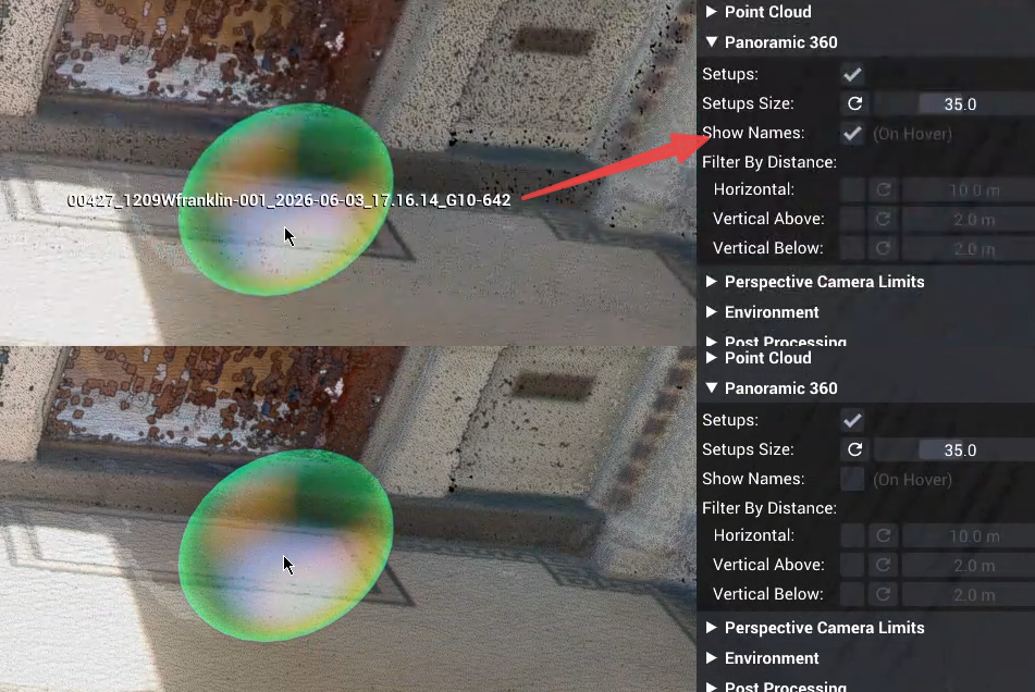 Panorama name shown and hidden using the Show Names checkbox.