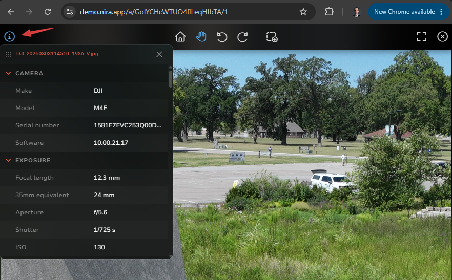 Photo viewer Info window showing camera and exposure metadata.