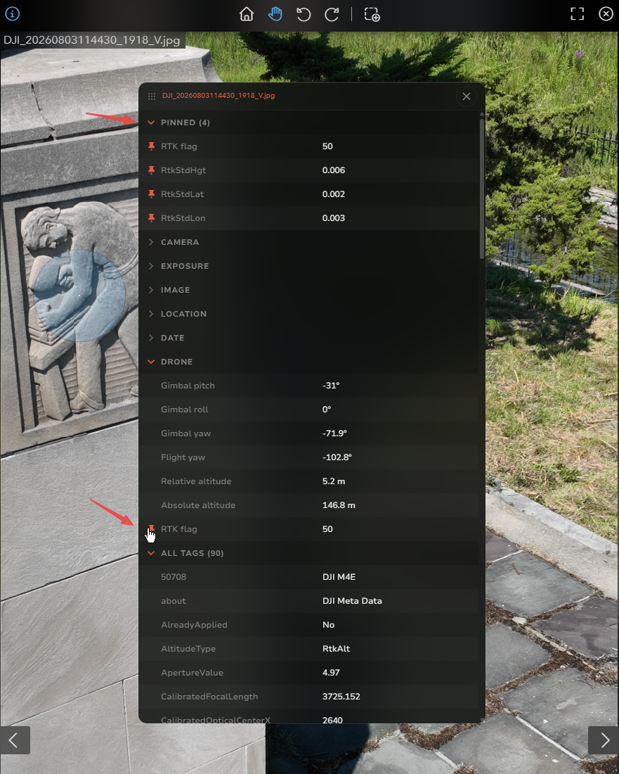 Photo metadata window with a Pinned group and pin controls.