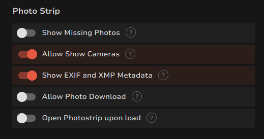 Photo Strip share options with metadata display enabled.