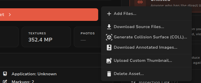 Asset actions menu with Generate Collision Surface (COLL)