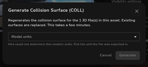 Generate Collision Surface dialog asking for the model units