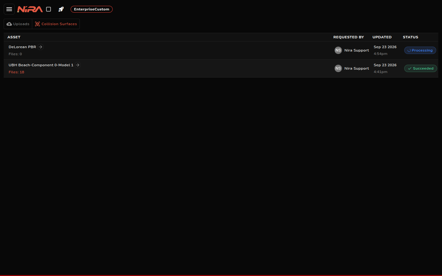 Collision Surfaces tab with a job processing