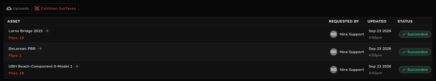 Collision Surfaces tab with finished jobs