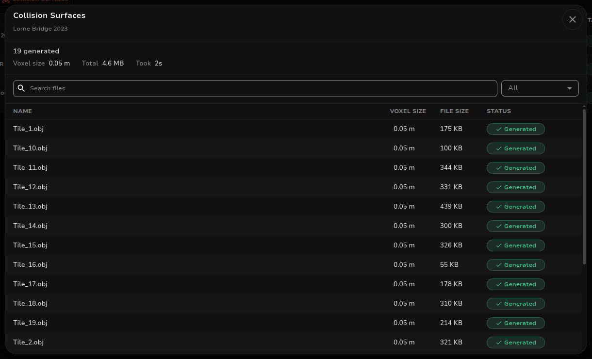Collision Surfaces file list for an asset