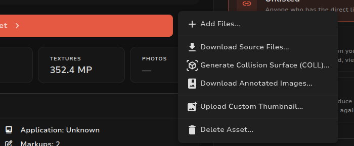 Asset actions menu with Generate Collision Surface (COLL)