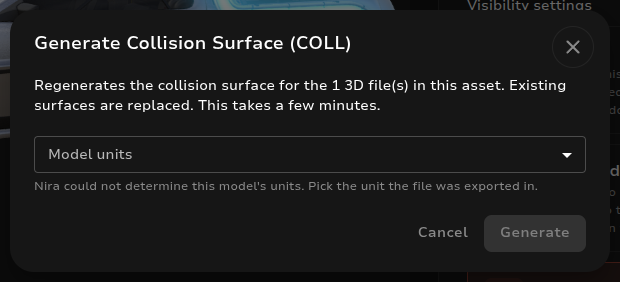 Generate Collision Surface dialog asking for the model units
