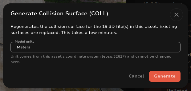 Generate dialog for a georeferenced asset with the unit shown read-only