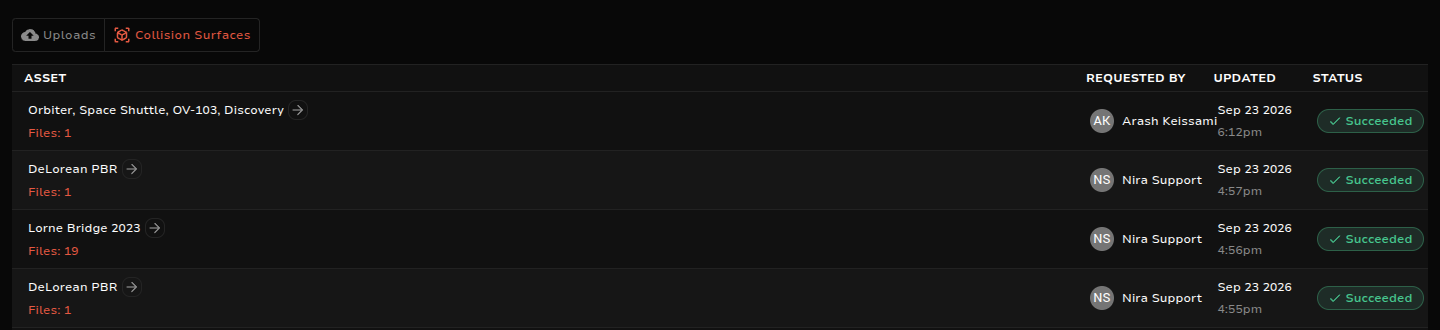 Collision Surfaces tab with finished jobs
