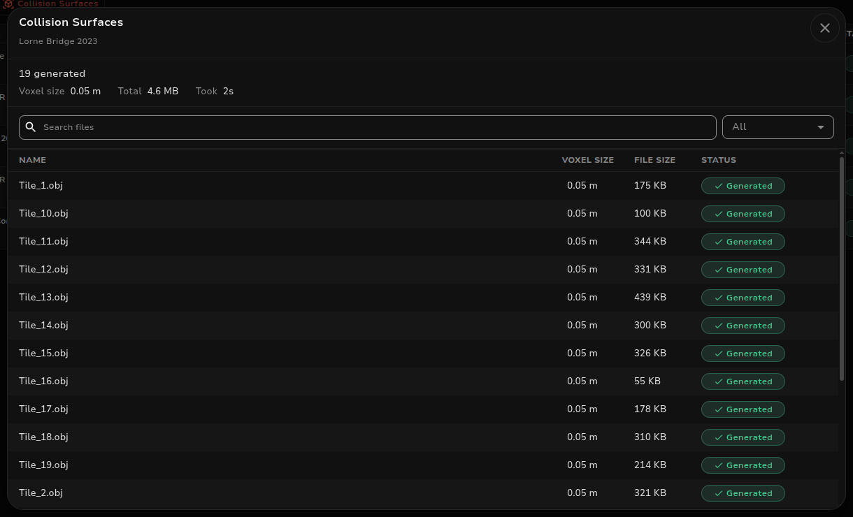 Collision Surfaces file list for an asset