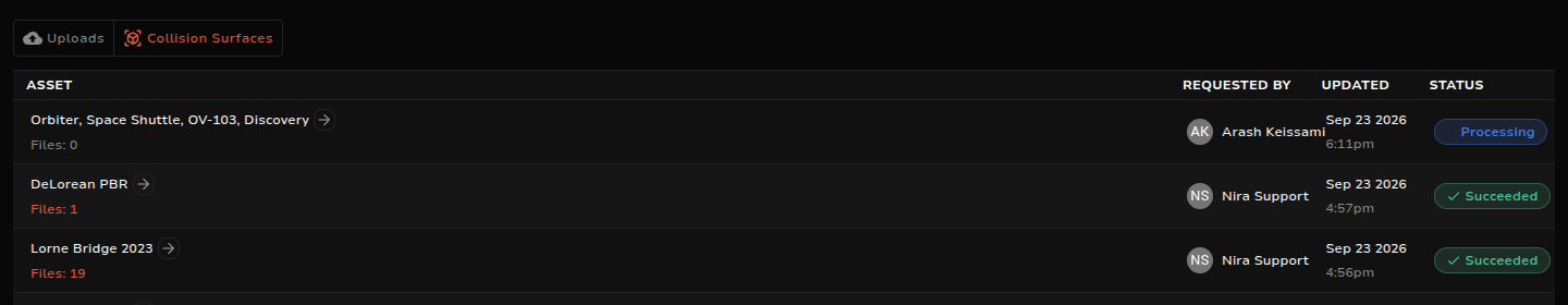 Collision Surfaces tab with a job processing