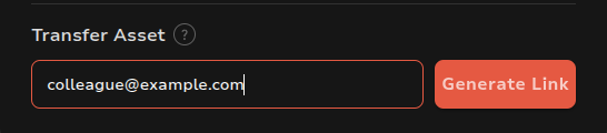 Transfer Asset section of the Share tab with a recipient email address entered