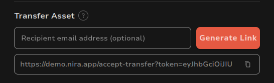 Generated transfer link below the Generate Link button