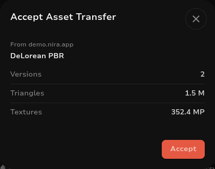 Accept Asset Transfer dialog showing the source organization, asset name, versions, triangles and textures