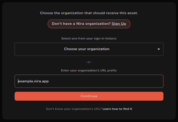 Page for choosing the organization that should receive the asset