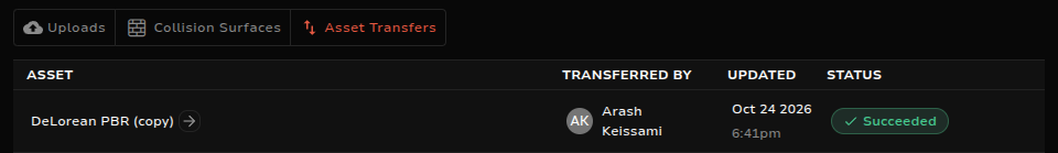 Asset Transfers tab of the Upload Jobs page showing a transfer with status Succeeded